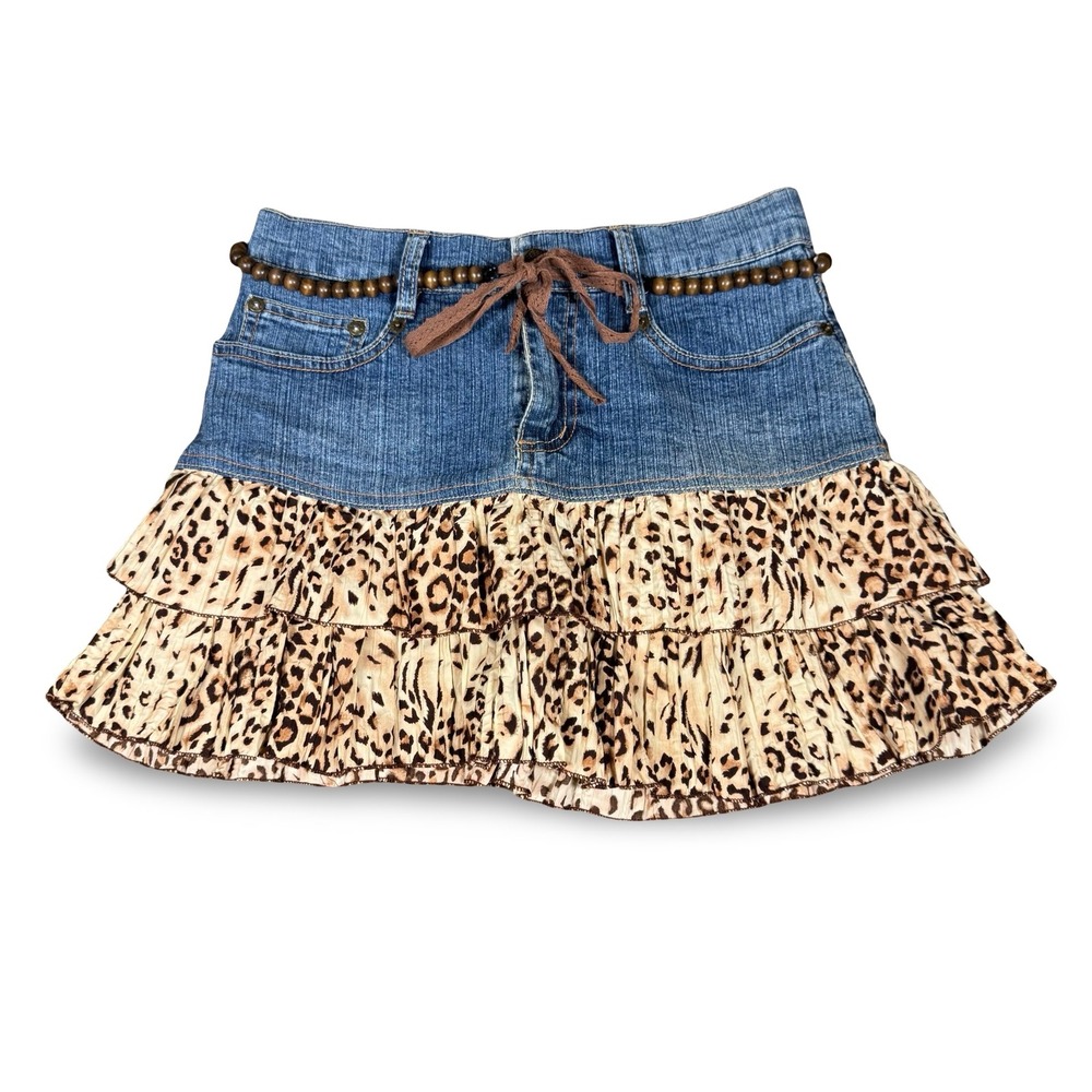 Y2K Jolt Denim Leopard Print Ruffle Skort Beaded Belt Womens XXS XS Mini 90s